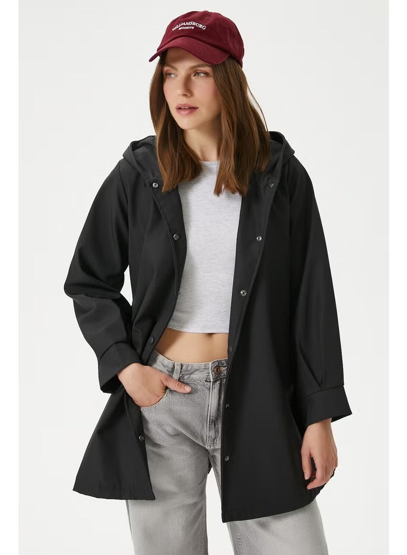 Ritnice Women's Trendy Hooded Snap-On Black Trench Coat - Image 4